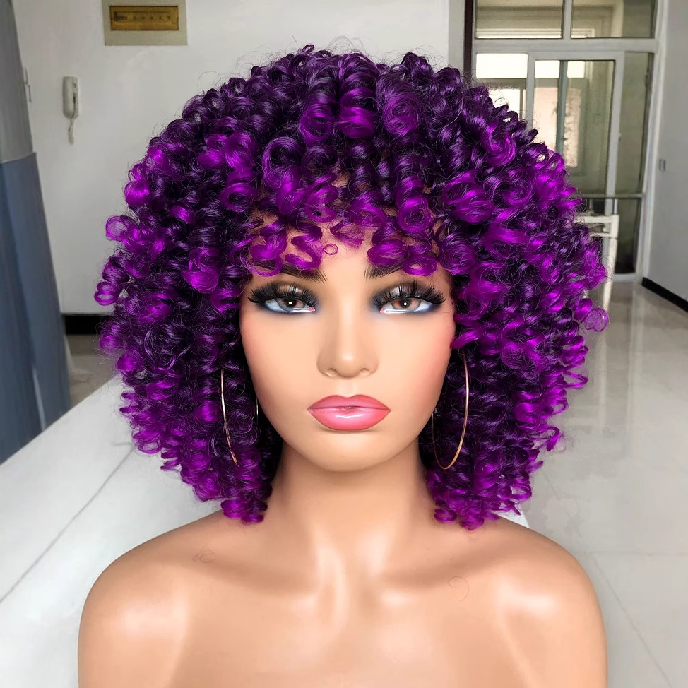 Peluca europea y americana transfronteriza peluca femenina fábrica al por mayor Africana pequeña cabeza de explosión de pelo rizado multicolor Peluca de fibra química cubierta de la cabeza completa