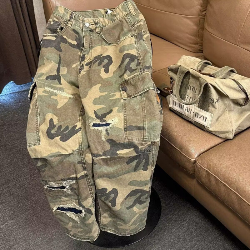 Trendy Spring American Street Style Washed Camouflage Patch Straight Cargo Pants Unisex Casual Pants Trendy