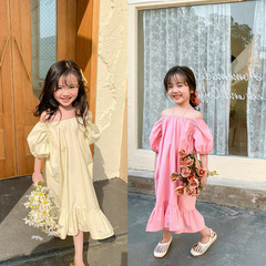 Girls' dress one-shoulder puffed sleeve dress princess dress long dress 24 summer new fashion foreign trade children's clothing agency 