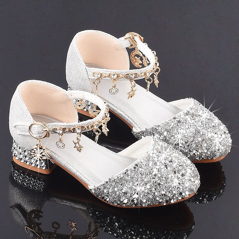 新款儿童高跟鞋公主鞋女童水晶鞋模特比赛演出鞋中大童亮晶晶鞋子