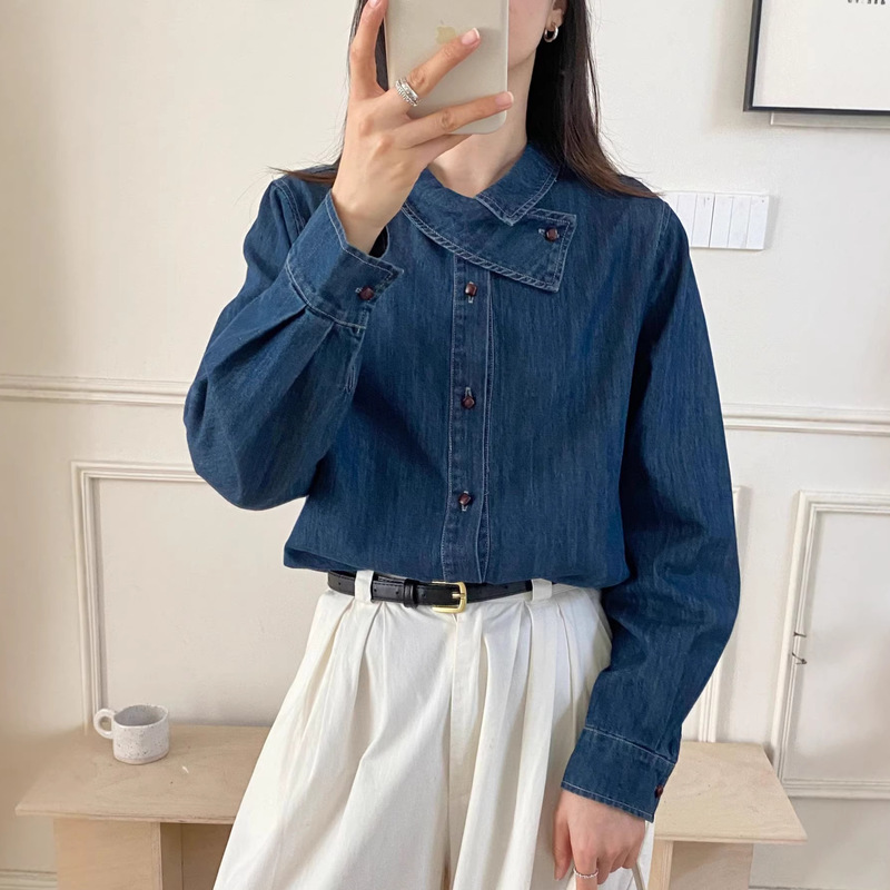 Korean Style Loose Casual Age-Reducing Denim Shirt, Early Spring New Retro Washed Irregular Shirt Jacket 99655