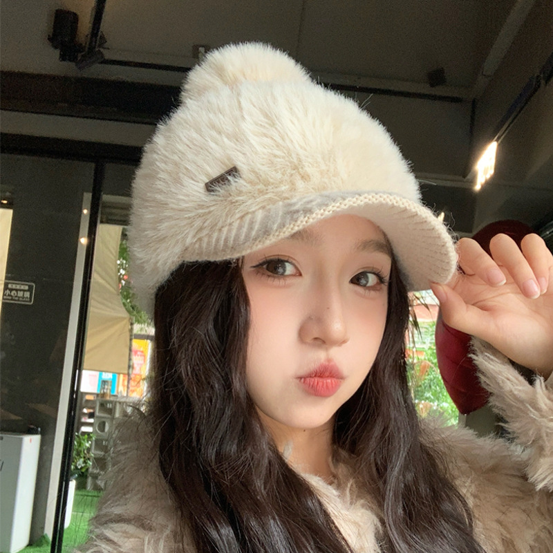 秋冬季帽子女款鸭舌帽护耳兔毛保暖帽韩系时尚百搭纯色针织毛球帽