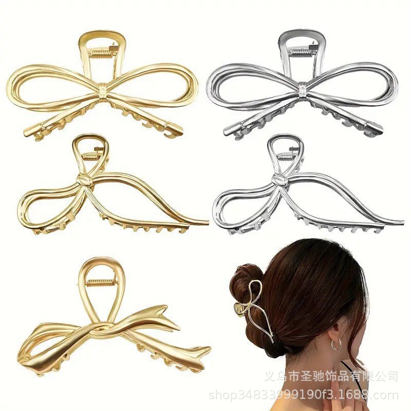 Simple Bowknot Large Metal Hair Claw for Women with Thick Hair, Hollow Back of the Head Hair Clip