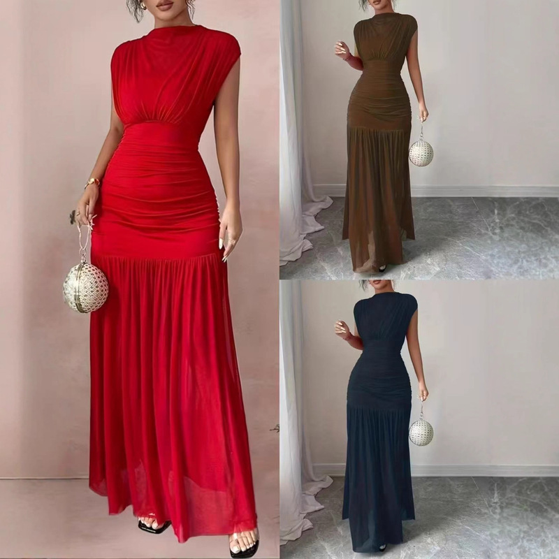 Independent Station European and American Amazon Cross-Border Foreign Trade Women's New Solid Color Waist-Cinching Pleated Long Elegant Dress for Women