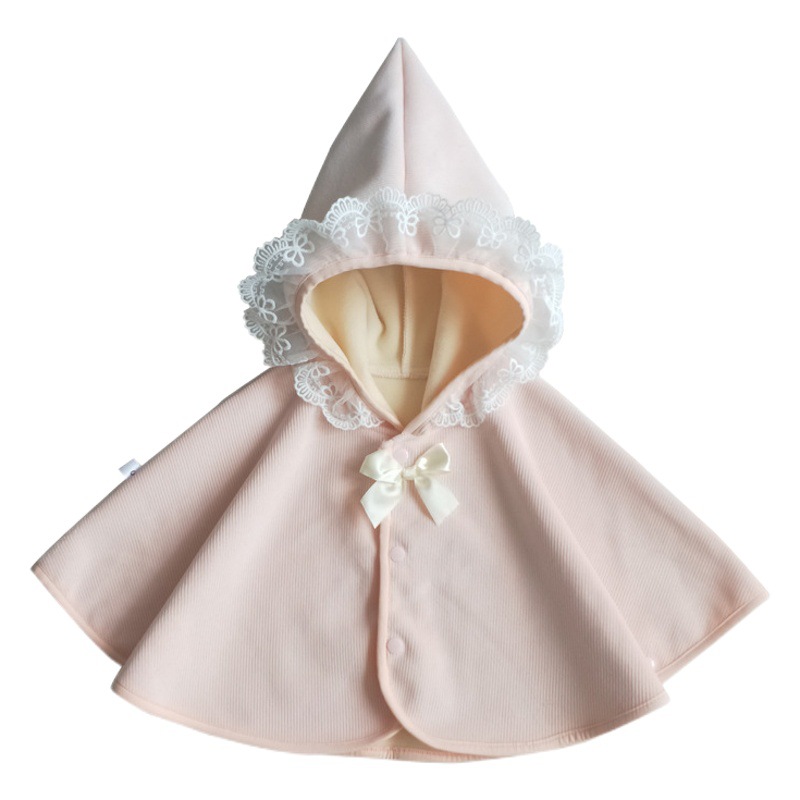 Korean Style Baby Fleece-Lined Cape Autumn and Winter Baby Girl Coat Lace Trim Hooded Cape Warm Fleece-Lined Cloak