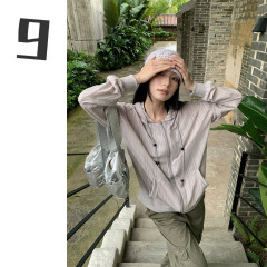 [9hour]慵懒风条纹连帽衬衫女 2025秋季外搭拉链长袖上衣女m3731