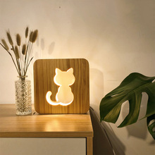 北歐實木3D台燈擺件ins創意鏤空雕刻木工藝品簡約木藝LED裝飾燈