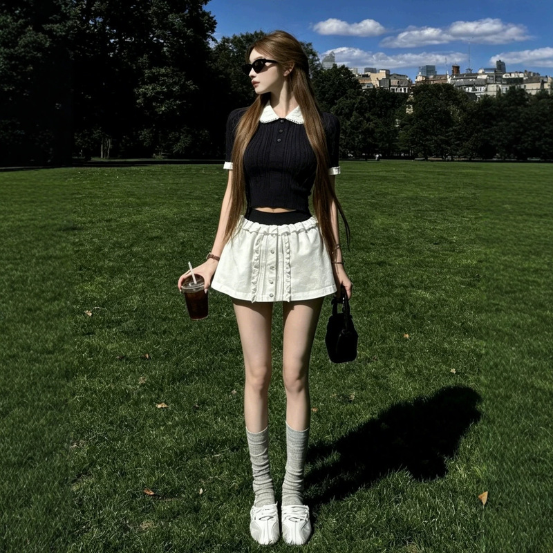 Summer Korean-Style Outfit, a Complete Set of French-Style Sweet and Chic Doll-Collar T-Shirt Tops and Short Skirts for Women Summer Korean-Style Outfit, a Complete Set of French-Style Sweet and Chic Doll-Collar T-Shirt Tops and Short Skirts for Women