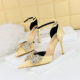 5198-H1 Wind Summer High Heels Women's Shoes Shallow Mouth Pointed Rhinestone Bow Hollow Straight Band Sandals