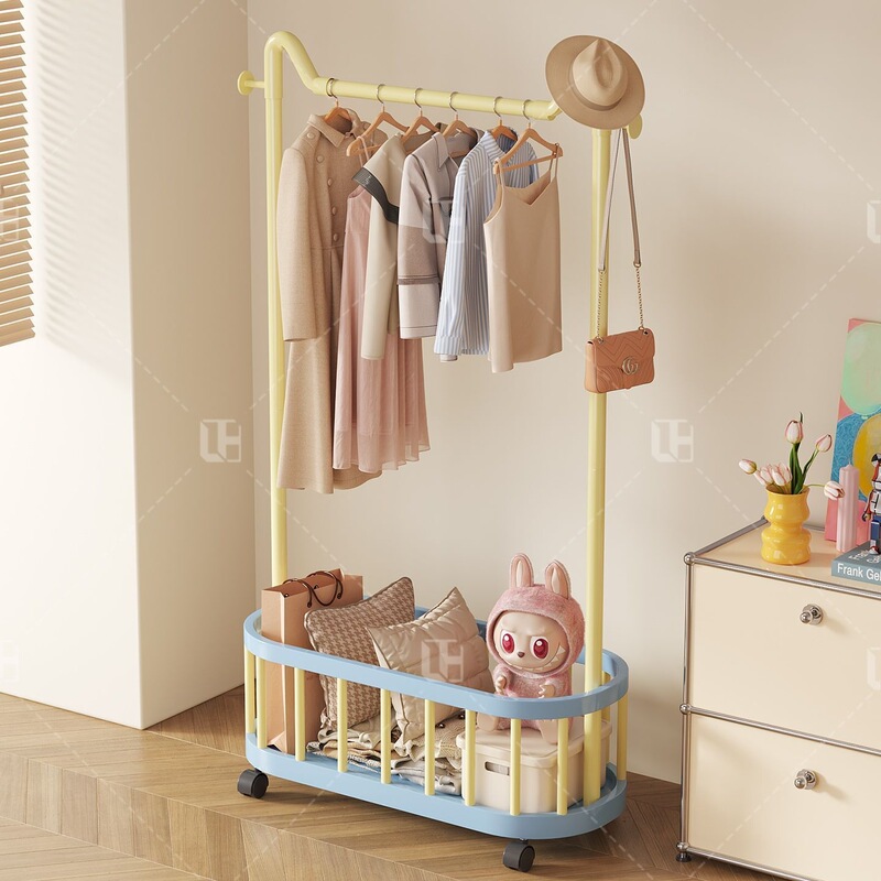 Simple Floor-Standing Clothes Rack with Wheels, Suitable for Student Dormitories, Thickened Clothes Drying Rack, Dopamine-Style Coat Rack