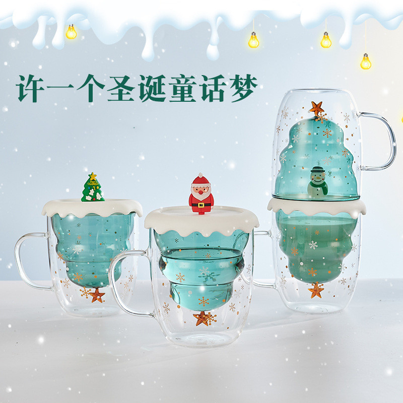 Taza navideña de vidrio de doble capa con asa, diseño de estrella y deseos, ideal para leche o jugo