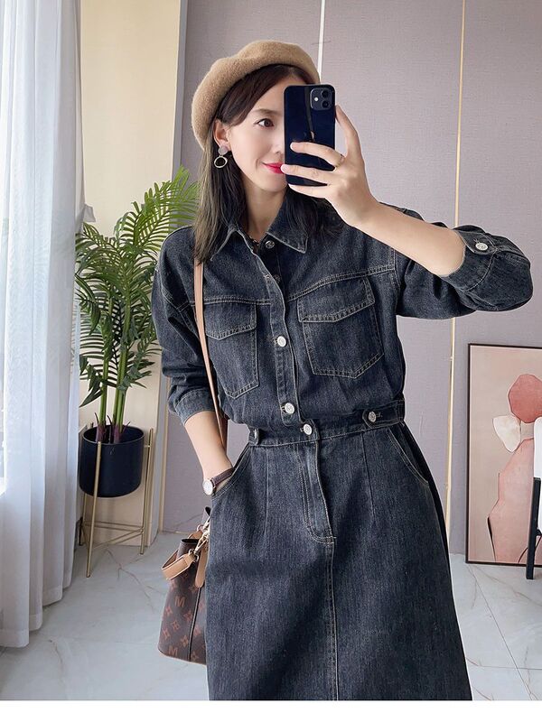 Long-Sleeved Shirt Denim Dress Women's Spring and Autumn New Retro Waist Slimming Mid-Length Denim Skirt Long-Sleeved Shirt Denim Dress Women's Spring and Autumn New Retro Waist Slimming Mid-Length Denim Skirt