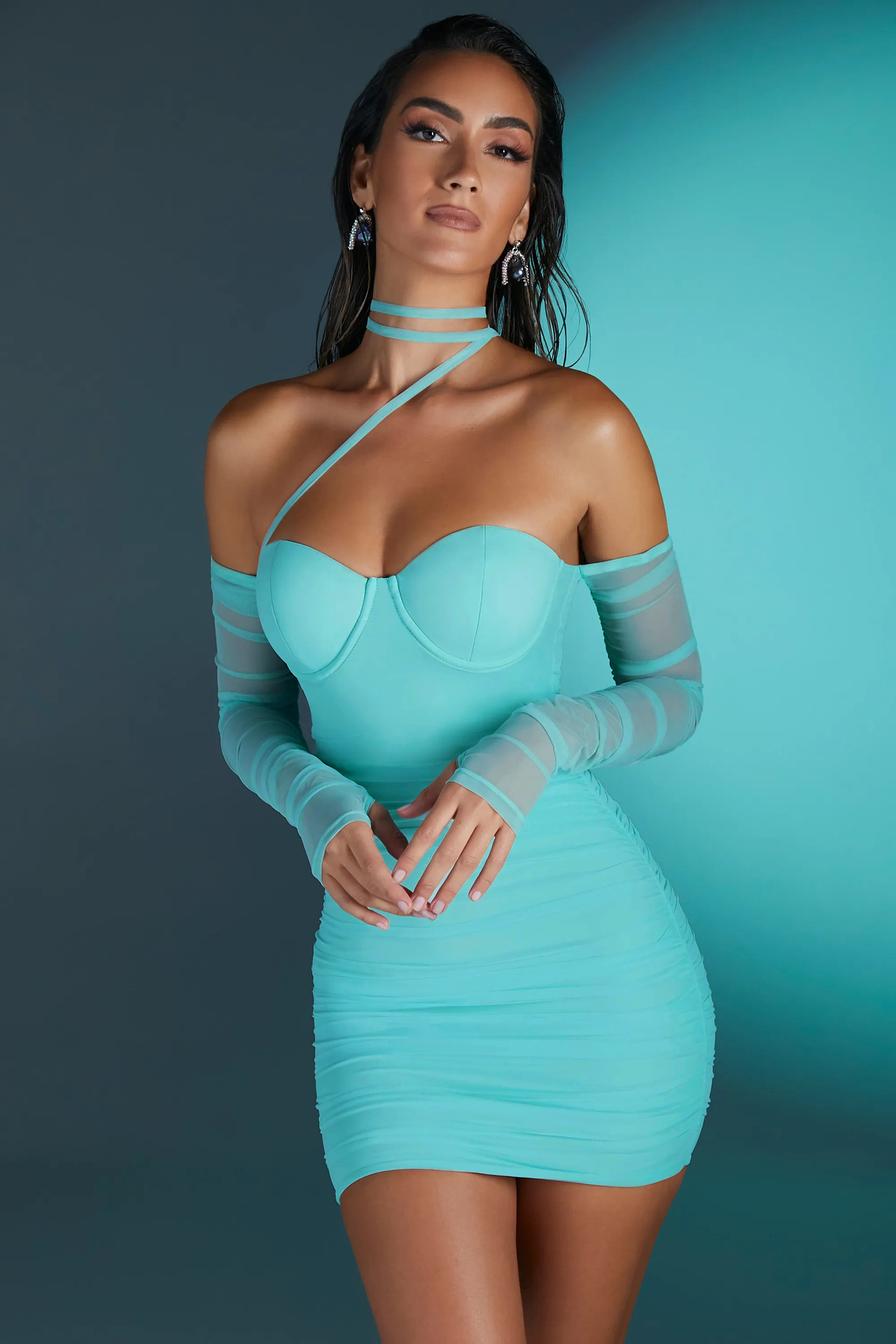 Mesh Pleated Tube Top Long Sleeve Wrapped Neck Backless Dress NSHT114035