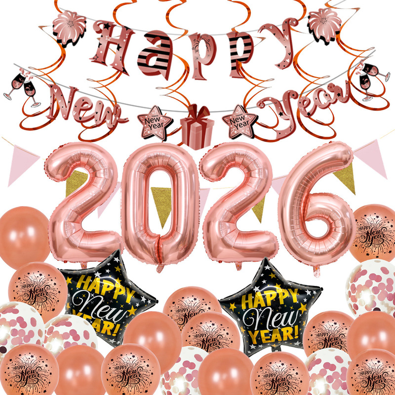 新年風船新年旗セットクロスボーダー新年パーティー装飾丸型ラテックス印刷バラ金風船|undefined