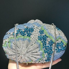 Cross-border European and American hollow flower diamond cosmetic bag blue gem bag oval diamond dinner clutch bag