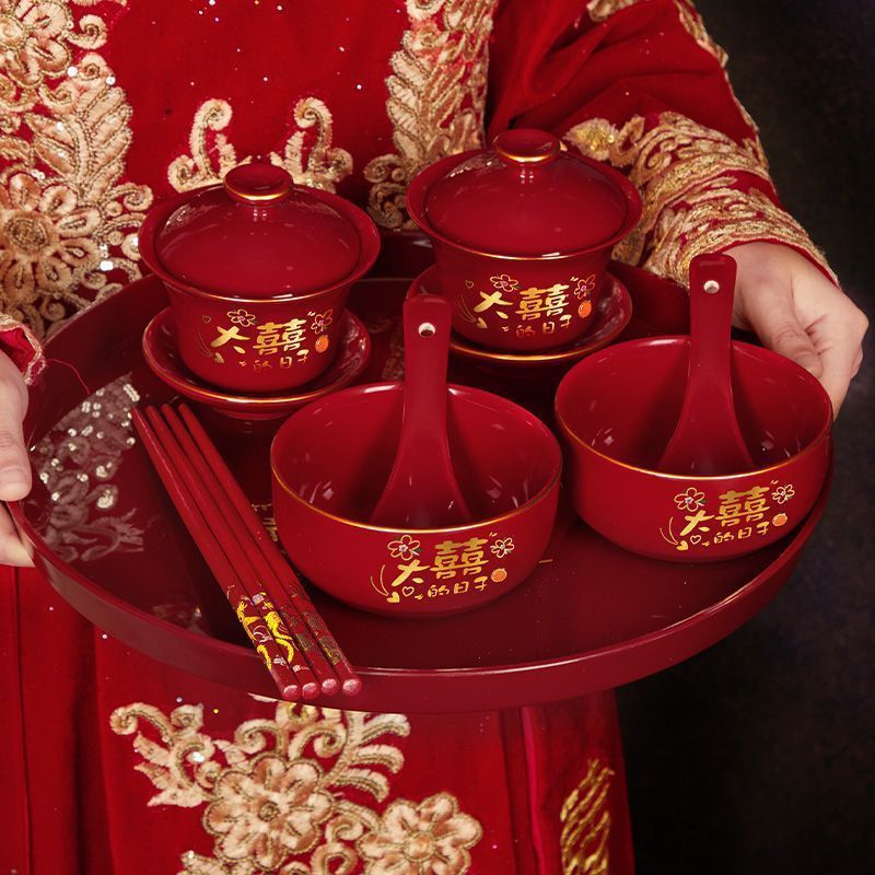 景德镇结婚碗筷套装陪嫁改口敬茶杯红色喜庆家用对碗喜碗敬酒婚礼|undefined