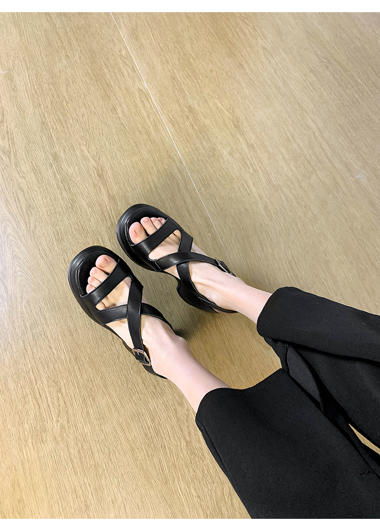 Sandal cao gót nữ hở mũi đế platform tăng chiều cao, da thật, phong cách La Mã — màu đen, màu mơ chi tiết 11