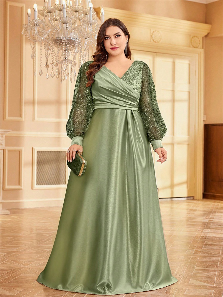 ChicShe Cross-Border Neues elegantes Plus-Size-Kleid aus Satin mit Pailletten, langen Ärmeln, V-Ausschnitt, schmal geschnitten, für Brautjungfern, Bankette und Abendveranstaltungen_voghion.com