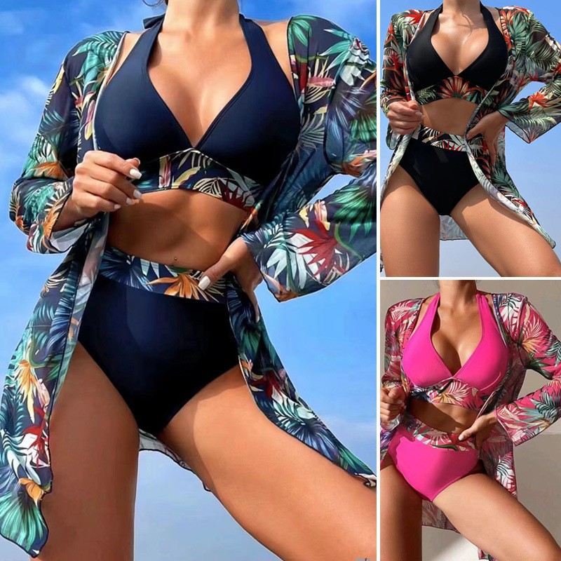 European and American Foreign Trade Printed Three-Piece Bikini Set with Halter V-Neck, High-Waisted Swim Shorts, Beach Cover-Up, and Swimsuit for Women