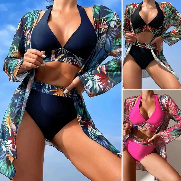 European and American Foreign Trade Printed Three-Piece Bikini Set with Halter V-Neck, High-Waisted Swim Shorts, Beach Cover-Up, and Swimsuit for Women
