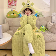 睡衣女冬季加绒加厚珊瑚绒三层夹棉袄保暖睡袍卡通家居服套装冬天