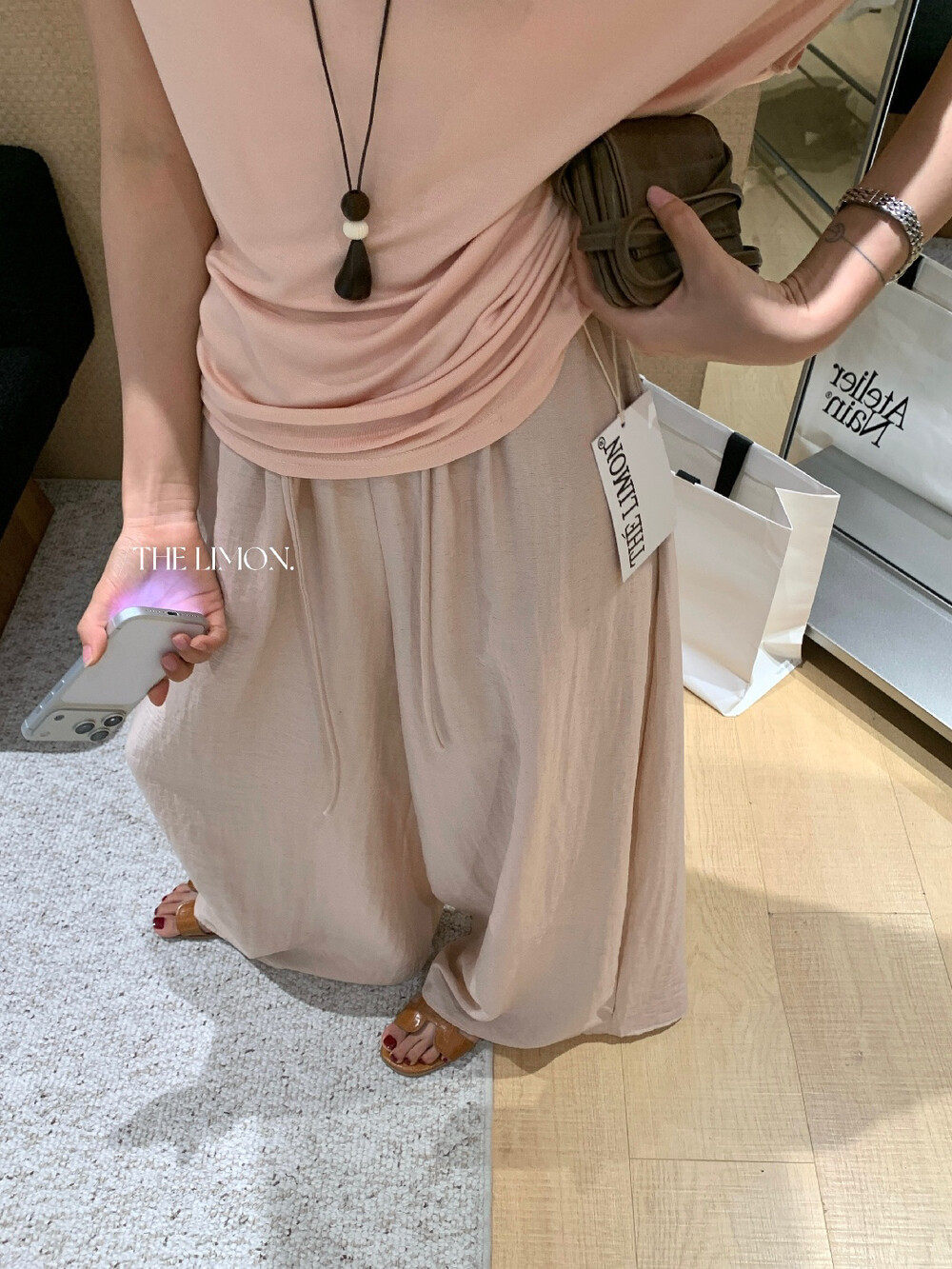 Quần culottes ống rộng cạp chun rút dây chất liệu linen mùa hè — Vàng nhạt, màu đen, trắng ngà, màu hồng chi tiết 13