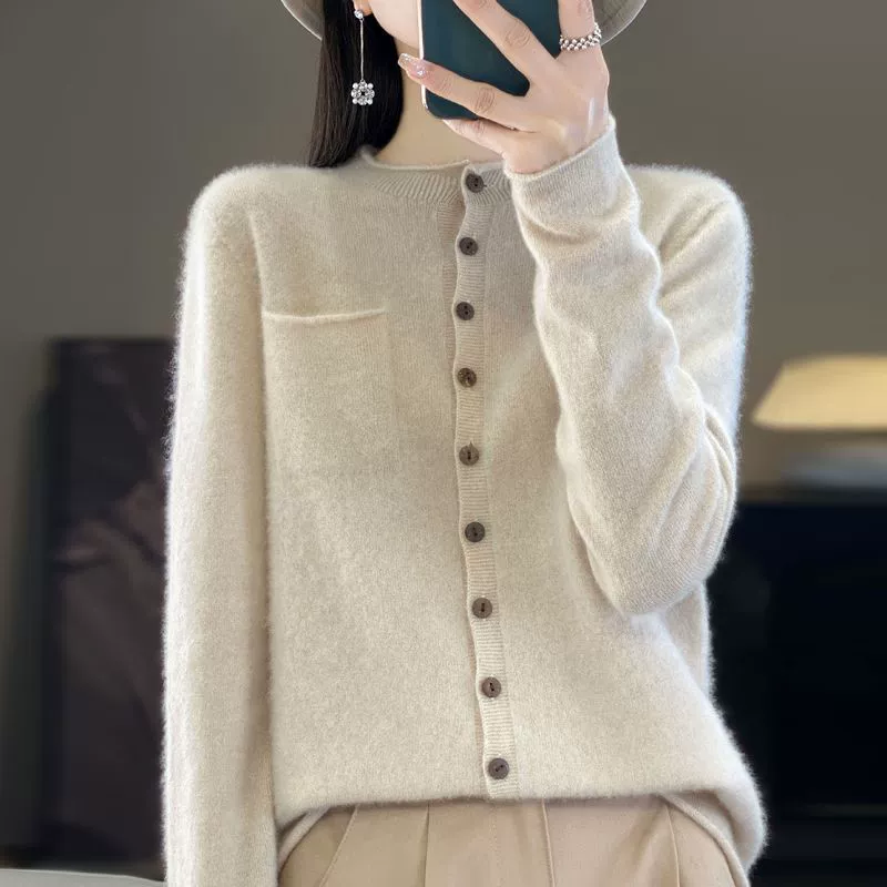 Woolen knitted sweater, cardigan, jacket, round collar, oversize
