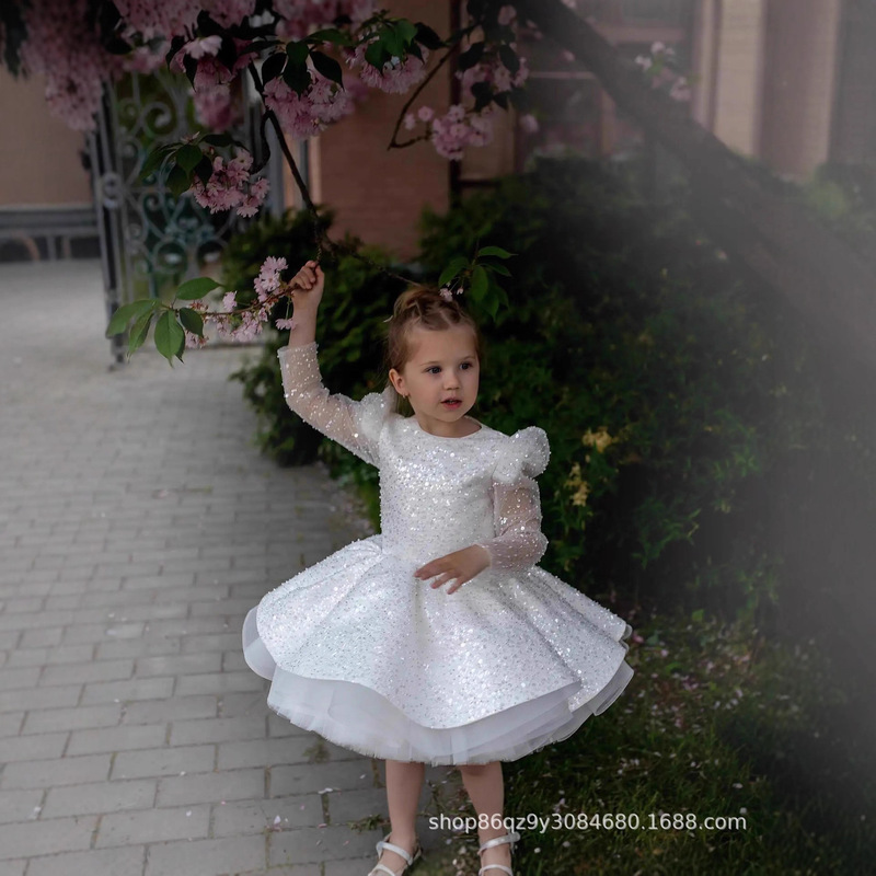 First Communion Dresses Long Sleeve Tulle Sequin Gown Flower Girl Dress Annual Party Christmas Prom Evening Dresses