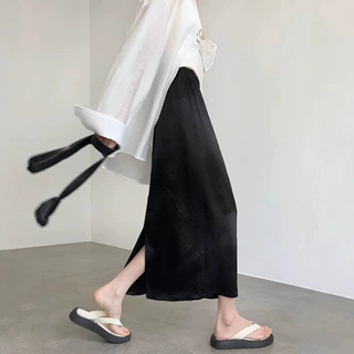 黑色醋酸半身裙女夏季新款松紧腰新中式国风肌理感高端缎面长裙子