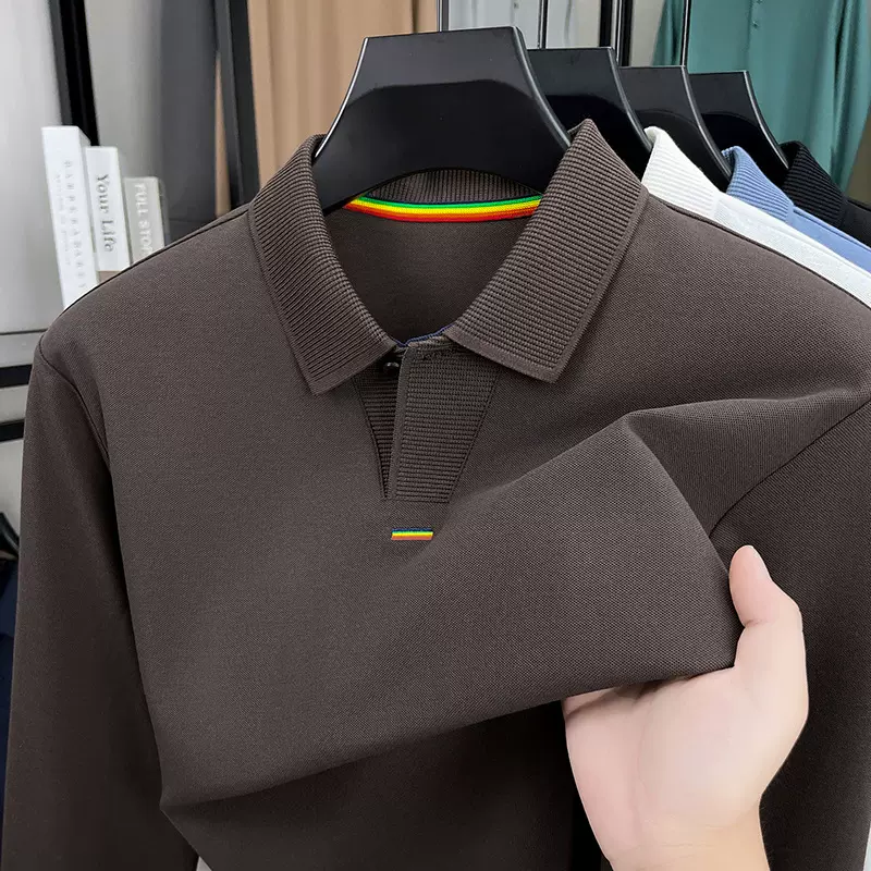 纯棉剪刀领男士polo衫2025秋季新款商务通勤休闲翻领打底长袖T恤