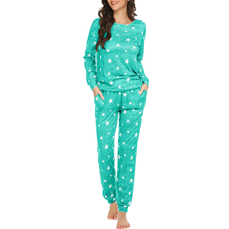 Pijamas con estampado de estrellas para mujer de estilo europeo y americano, pijamas suaves, traje casual de cuello redondo, pijamas con bolsillos, servicio a domicilio