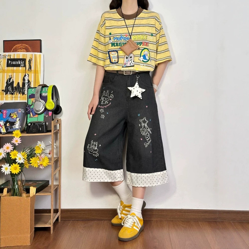Unique and Trendy High-End Street-Style Polka Dot Denim Pants for Women, Summer Color-Blocked Casual Wide-Leg Cropped Pants Unique and Trendy High-End Street-Style Polka Dot Denim Pants for Women, Summer Color-Blocked Casual Wide-Leg Cropped Pants
