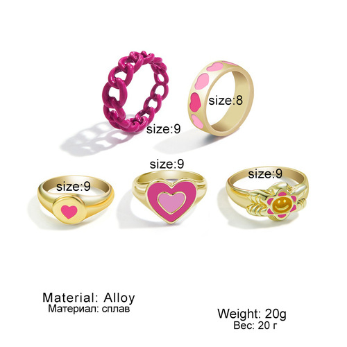 Muse Style Pink Tone Heart Hole 5-Piece Set Oil Droplet Ring Cross-Border INS Style Knuckle Index Ring Set for Women