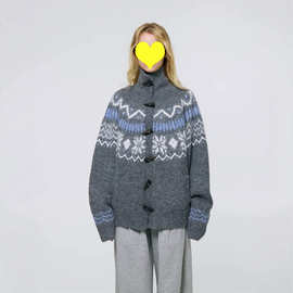 跨境欧美牛角扣费尔岛提花开衫毛衣女2026秋冬新款宽松针织外套厚