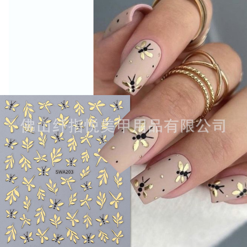 Cross-Border New Nail Art Stickers Wholesale 3D Gold and Silver Dragonfly, Little Bee, Bamboo Leaf Summer Adhesive Nail Stickers Cross-Border New Nail Art Stickers Wholesale 3D Gold and Silver Dragonfly, Little Bee, Bamboo Leaf Summer Adhesive Nail Stickers