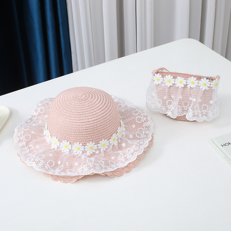 Daisy lace wavy edge straw hat-pink