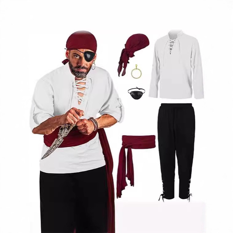 亚马逊万圣节男式海盗服装男式文艺复兴时期维京衬衫带状裤子头巾