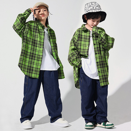 Girls boys green plaid jazz hiphop rapper street jazz dance costumes children girls  tide gogo dancers drummer performance suit children's model show clothing