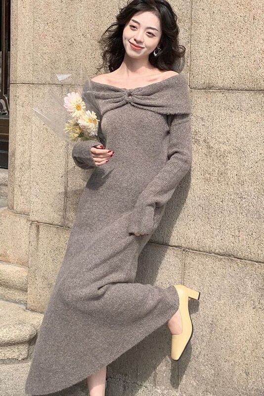 French Retro Large Lapel Knitted Dress Women's Long Autumn and Winter New Elegant Slim Slim Sweater Long Skirt