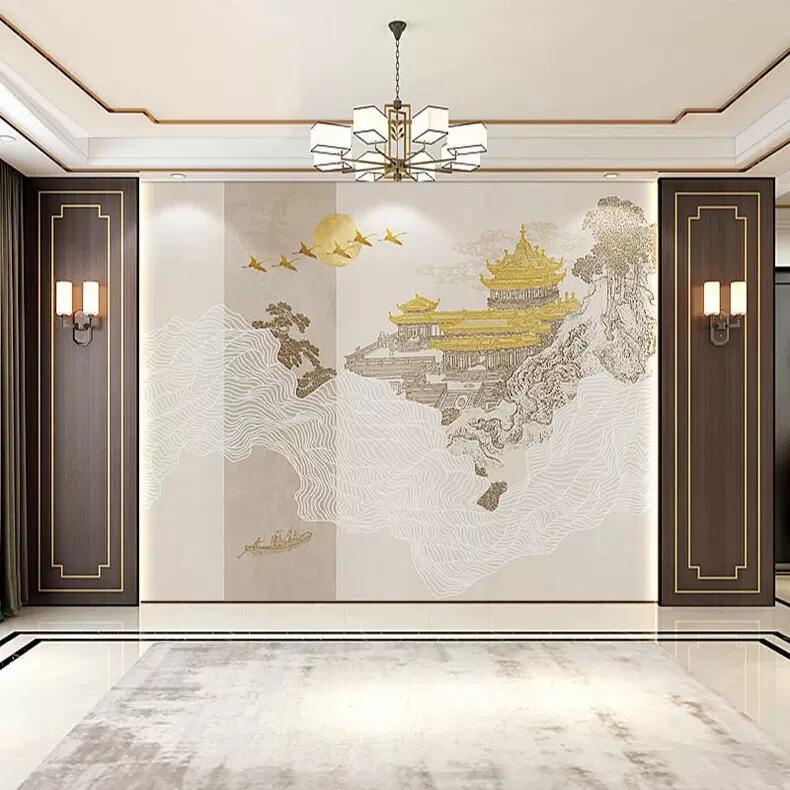 Light Luxury New Chinese Style Pavilion Landscape Wall Covering Tv Background Wallpaper Bedroom Wall Covering Sofa Color Matching 3D Line Wallpaper