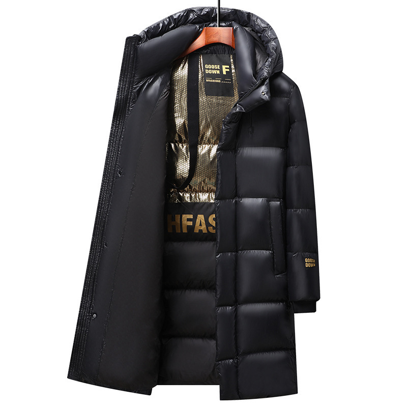 High-Quality Black Gold down Jacket with Customized Logo, Thickened Goose down Jacket with Printing for Men and Women, Long Hooded Winter Jacket for Warmth