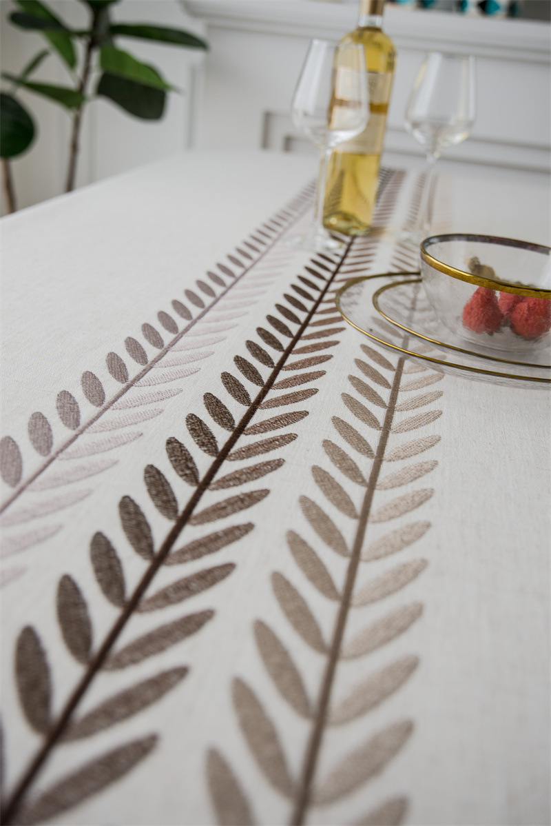 Polyester Linen Waterproof Modern Leaf Flower Runner Embroidered Geometric Tablecl Rectangular Coffee Dining Table_voghion.com