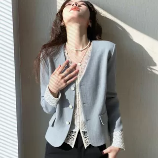2026春季新款蓝色精致蕾丝小香风短外套女冷淡系韩系短款休闲上衣