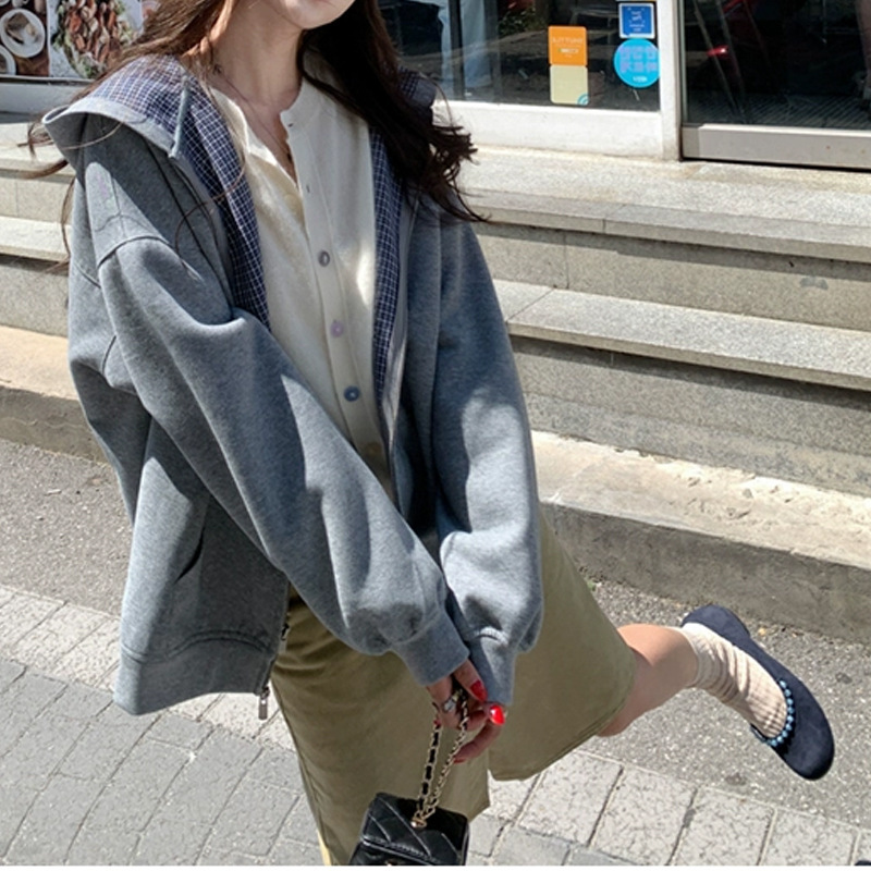 【Miu格时代】miumi*yb双层复合连帽卫衣女秋格纹外套 休闲风氛围|undefined