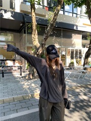 休闲运动套装复古灰色宽松长袖T恤上衣女秋季抽绳直筒短裤两件套