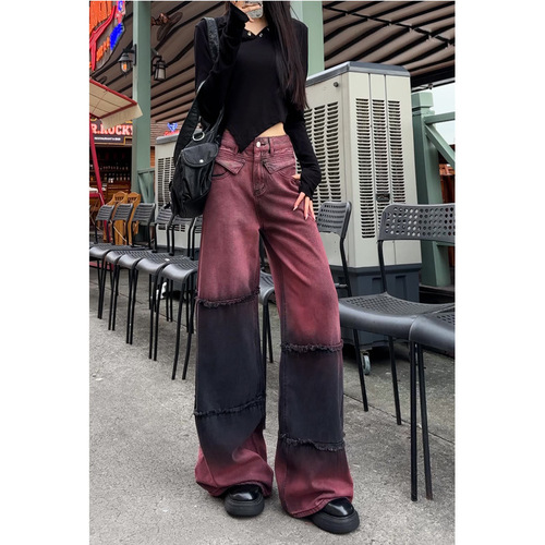 Stitching Gradient Color Washed Women's Jeans 2025 Spring High-Waisted Loose Slimming Versatile Floor-Length Pants