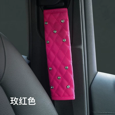 Car leather black shoulder pads with rhinestones, car shoulder pad covers, metal crown with rhinestones shoulder pad covers (set of two) (Seat belt shoulder pad) - seatbelt-shoulder-pad-diamond-stud-design-rose-red-1-piece