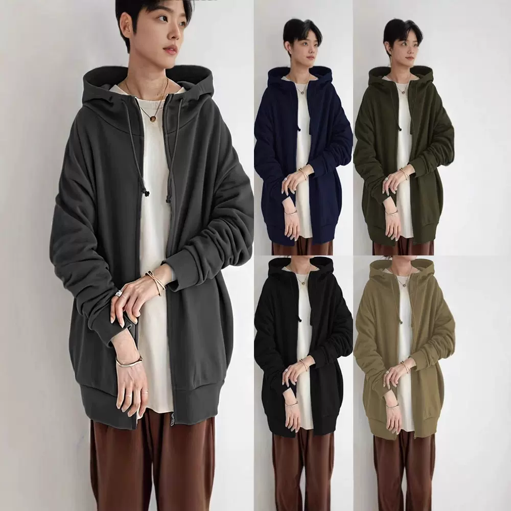 大码秋冬新款个性街头卫衣拉链连帽长款加绒卫衣