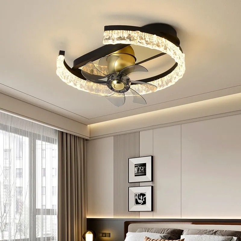Lámpara de ventilador de lujo ligero moderno, espectro completo, atmósfera, grietas de hielo, luz de ventilador creativa, lámpara de dormitorio integrada, lámpara de techo de sala de estar