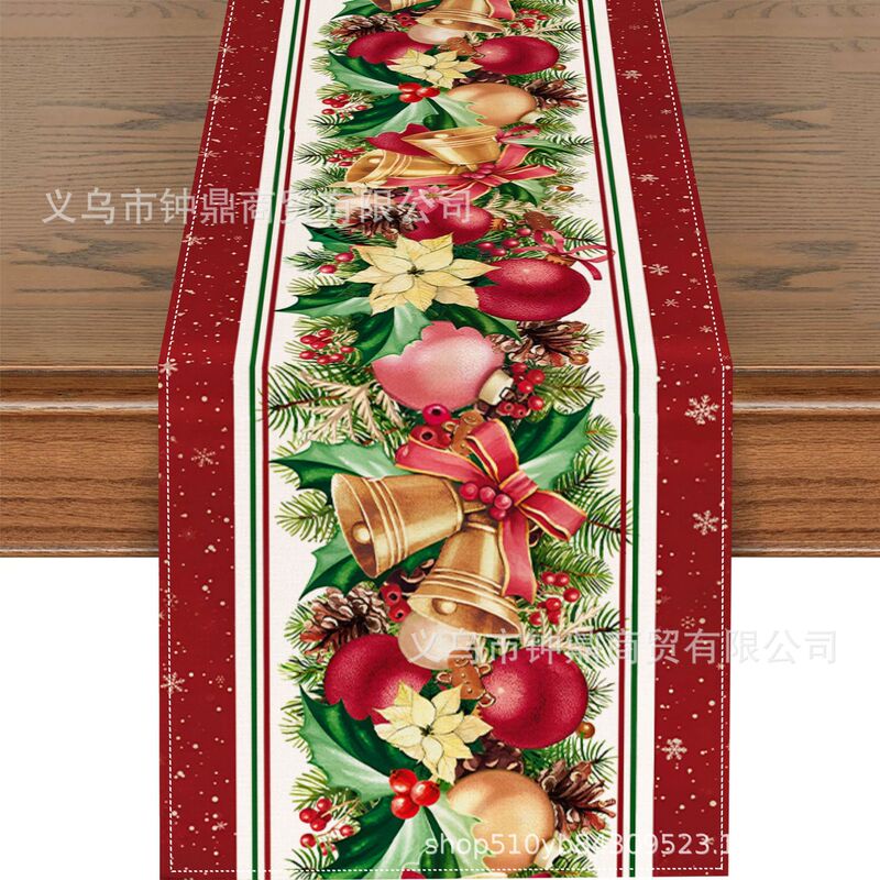 TEMU爆款冬季圣诞节桌旗雪花铃铛印花亚麻材质美式圣诞节装饰桌布|undefined